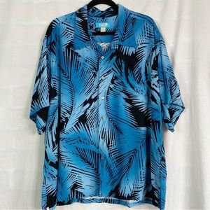 Kai Vintage Teal and Black Hawaiian Button Up Shirt Palm Print 3XL